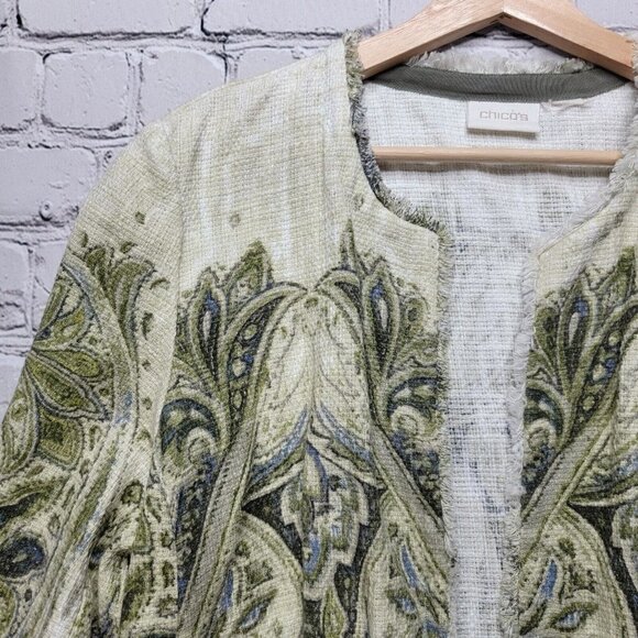 Chico's Embellished Heritage Tweed Jacket Green Frayed Trim Accent Size ? - Picture 4 of 14